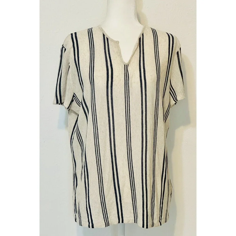 ZARA Women Size L  Stripe Short Sleeve Linen Blend Top Lagenlook Italian Fabric